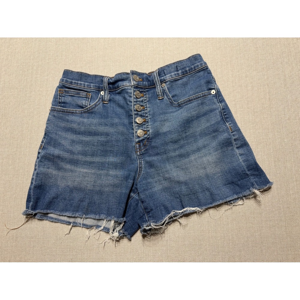 Madewell High-Rise Denim Shorts Size 26‎ Blue Button Fly Raw Hem Frayed Med Wash